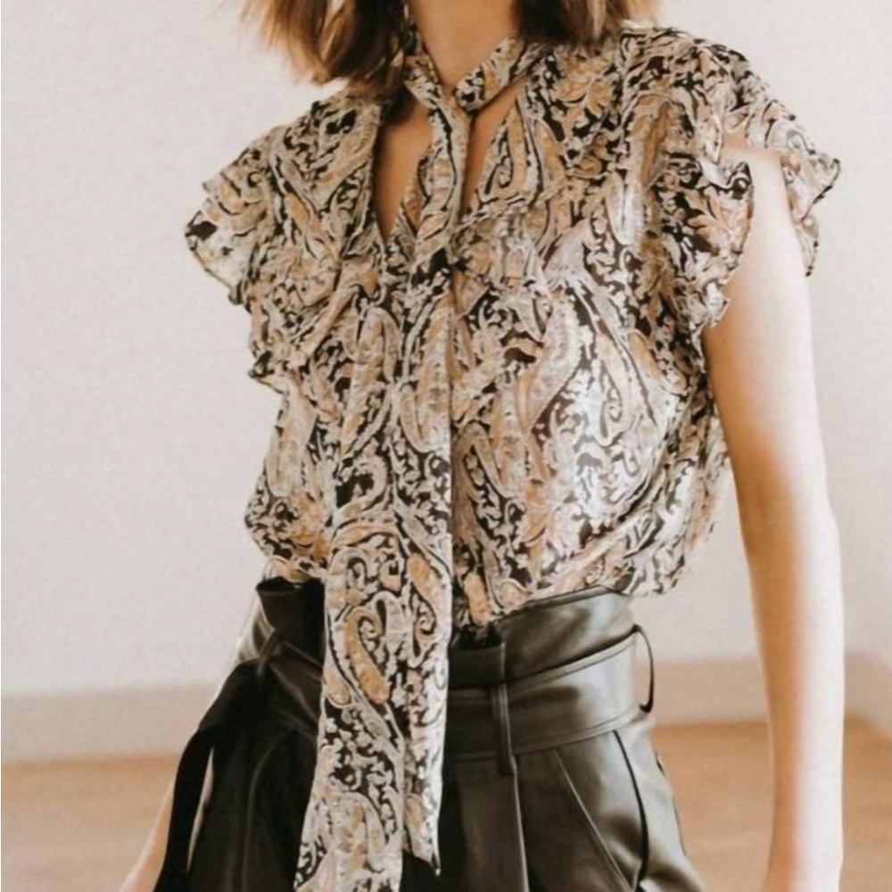 Tapestry Tie-Neck Ruffle Top/Blouse sz  Small